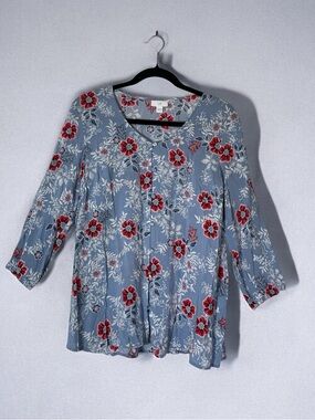 J. Jill Women’s Light Blue Floral Button-Front Top with Red Accents Size L